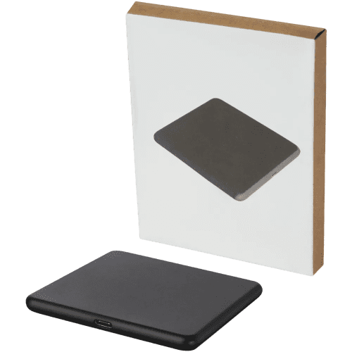 An image of the 10W Recycled Plastic Wireless Charging Pad with the box from Total Merchandise