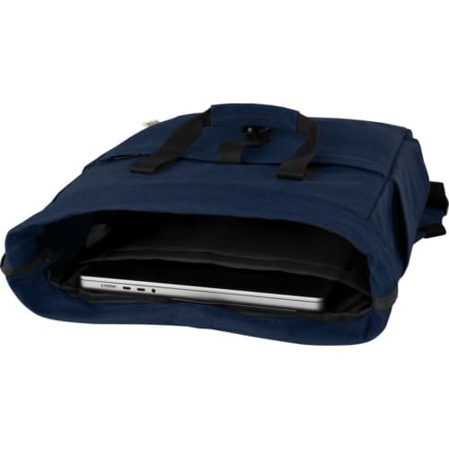 An image showing the laptop compartment in the Joey 15" GRS Recycled Canvas Rolltop Laptop Backpack