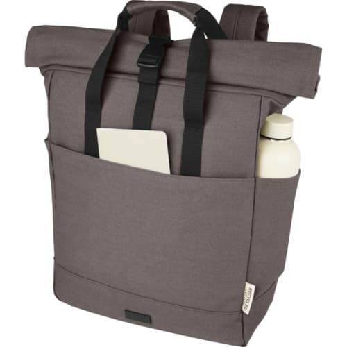 Promotional Joey 15" GRS Recycled Canvas Rolltop Laptop Backpack from Total Merchandise