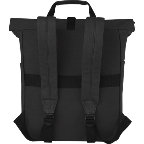 The back of the Joey 15" GRS Recycled Canvas Rolltop Laptop Backpack from Total Merchandise