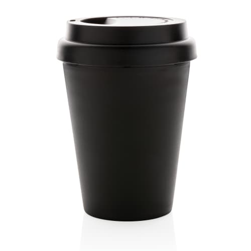 Promotional Reusable Double Walled Coffee Cup with a printed design from Total Merchandise - Black