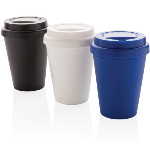 Image of all three different colours of the Reusable Double Walled coffee Cup from Total Merchandise