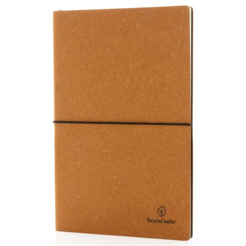 Logo-branded A5 Recycled Leather Notebook with a printed design from Total Merchandise - Brown