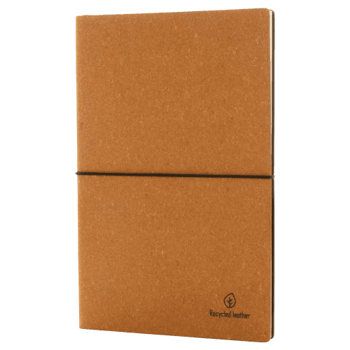 Logo-branded A5 Recycled Leather Notebook with a printed design from Total Merchandise - Brown