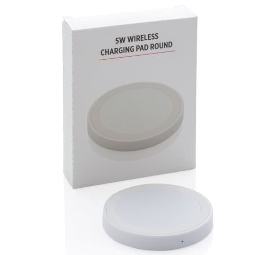 Branded 5W Round Wireless Charging Pad with a promotional design from Total Merchandise