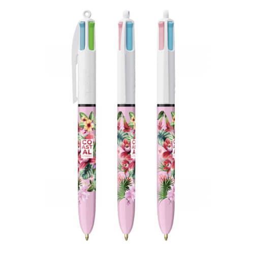 BIC 4 Colour Fashion Ballpens in Pink/White printed with a design from Total Merchandise