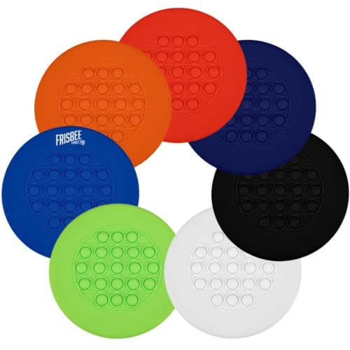 Image of all of the Fidget Pop Frisbees together with a printed design from Total Merchandise