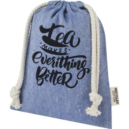 Small Pheebs GRS recycled cotton gift bag in Heather Blue printed with a logo from Total Merchandise