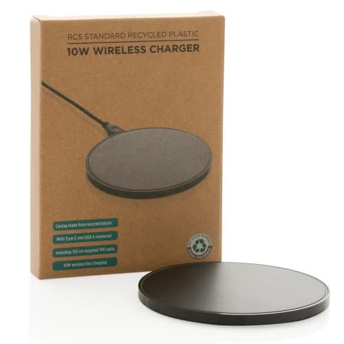 Recycled Plastic 10W Wireless Charger with its box from Total Merchandise