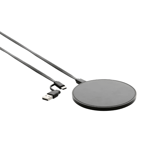 Branded Recycled Plastic 10W Wireless chargers with a printed design from Total Merchandise - Black