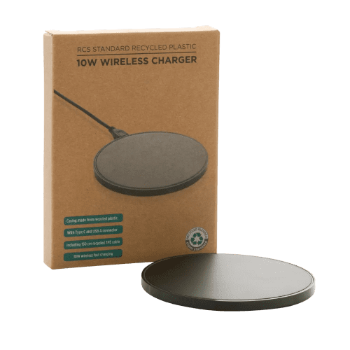 Recycled Plastic 10W Wireless Charger with its box from Total Merchandise