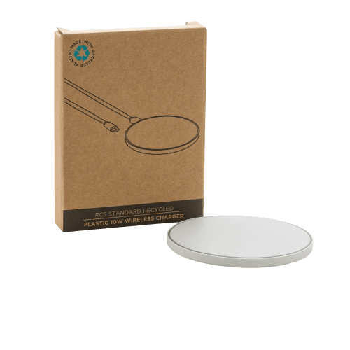 Recycled Plastic 10W Wireless Charger with its box from Total Merchandise