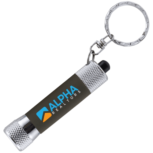 Custom branded Soft Touch Torch Keyring with a design from Total Merchandise - Grey