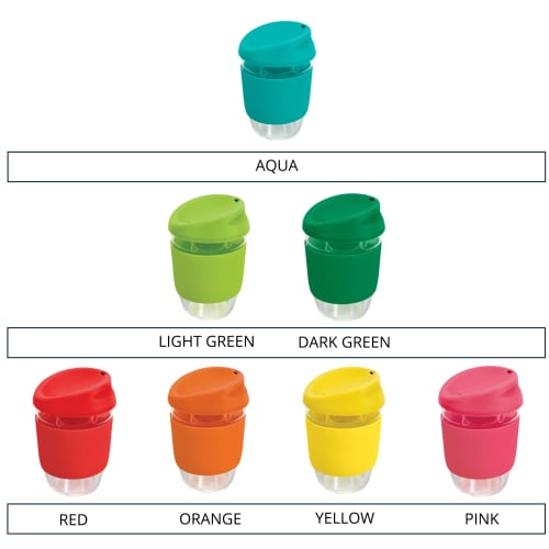 Branded Kiato Reusable Glass Coffee Cups available in 15 different colours from Total Merchandise