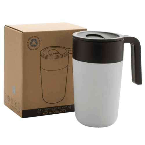 The GRS Recycled Stainless Steel Mug With Handle with its packaging from Total Merchandise
