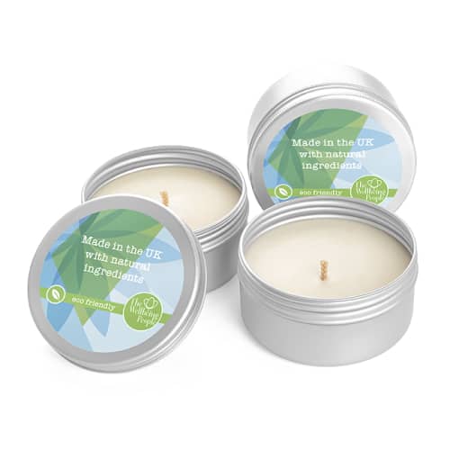 Promotional Natural Wax Candle in a Tin in Silver Printed with a Logo by Total Merchandise
