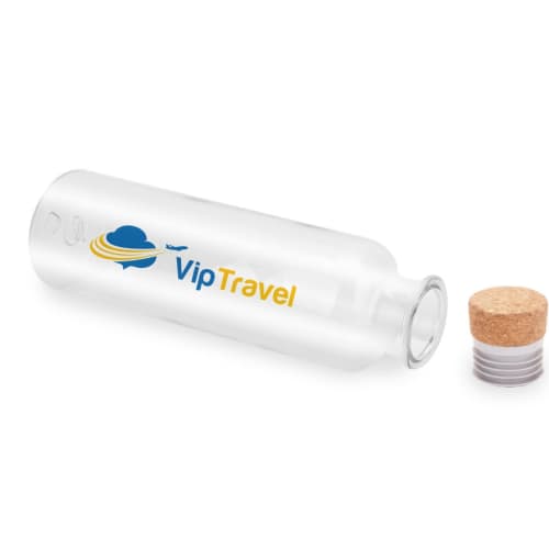 Promotional printed Recycled Plastic Bottle with Cork Lid with a design from Total Merchandise