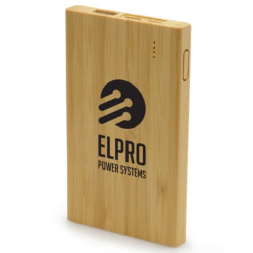 Custom-branded 4000mAh Bamboo Power Banks with a design from Total Merchandise