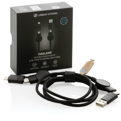 The packaging of the Oakland RCS Recycled Plastic 6-in-1 Fast Charging Cable in Black