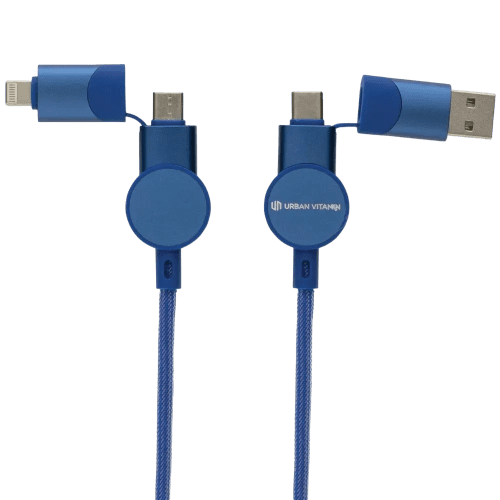 Promotional printed Oakland RCS Recycled Plastic 6-in-1 Fast Charging Cable in Blue