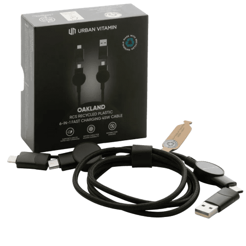 The packaging of the Oakland RCS Recycled Plastic 6-in-1 Fast Charging Cable in Black