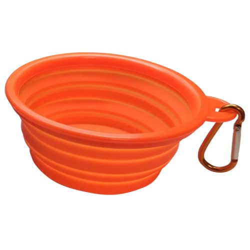 The Collapsible Dog Bowls With Carabiner Clip in Orange popped up and ready to use