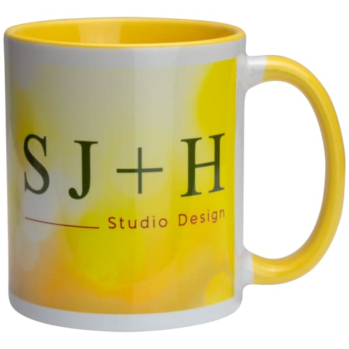 Promotional Two-Tone Sublimation Mug in White/Yellow printed with your company logo