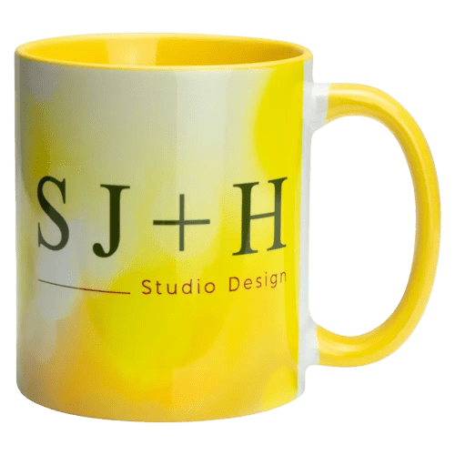 Promotional Two-Tone Sublimation Mug in White/Yellow printed with your company logo