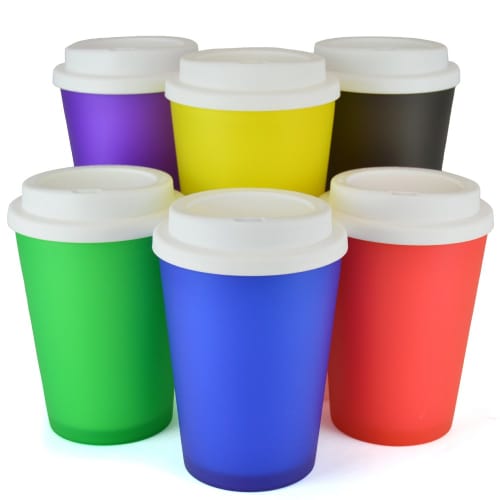 A group image of the Haddon Reusable Coffee Cups with a design from Total Merchandise