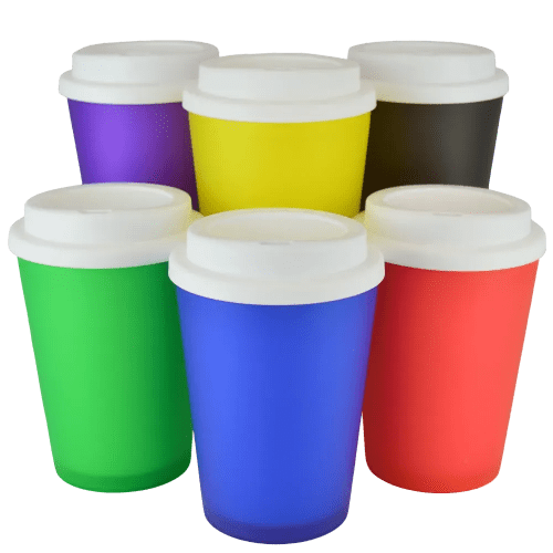 A group image of the Haddon Reusable Coffee Cups with a design from Total Merchandise