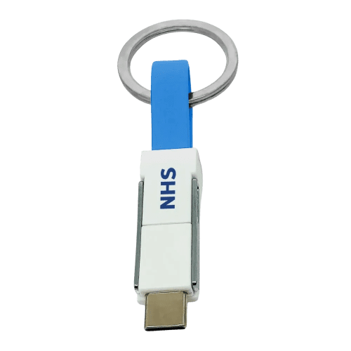 The custom-printed 3-in-1 Keyring Charging Cable in Blue from Total Merchandise
