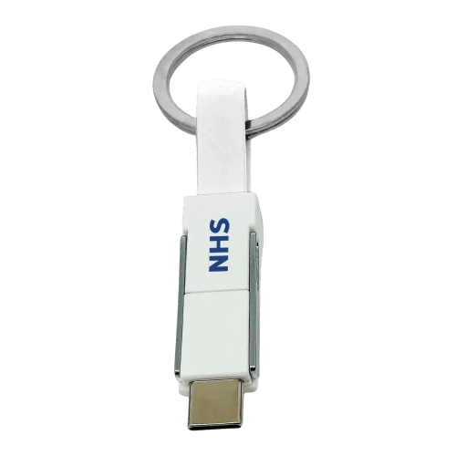The personalisable 3-in-1 Keyring Charging Cable in White from Total Merchandise