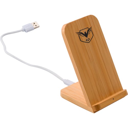 An image of the customisable Bamboo Wireless Charging Phone Stand from Total Merchandise