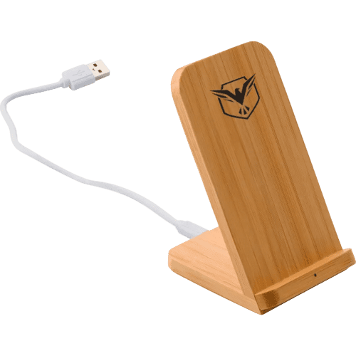 An image of the customisable Bamboo Wireless Charging Phone Stand from Total Merchandise