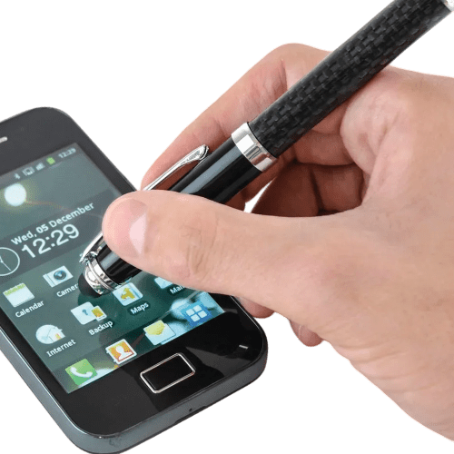 Lifestyle image of the Carbon Fibre Soft Stylus Ballpen in use from Total Merchandise - Black