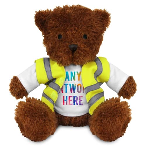 Logo branded 18cm James Bear with Hi-Vis Jacket with a design from Total Merchandise - Brown