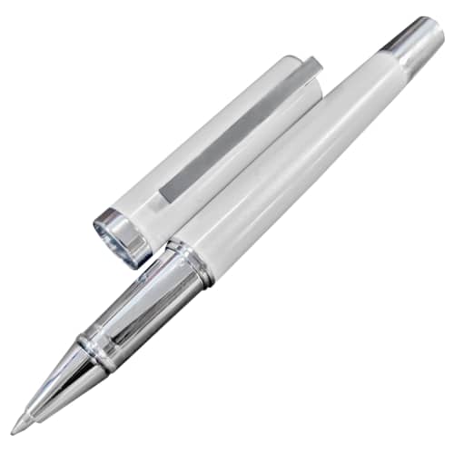 UK Printed Ambassador Roller Ball Pens in White with Lid Off from Total Merchandise