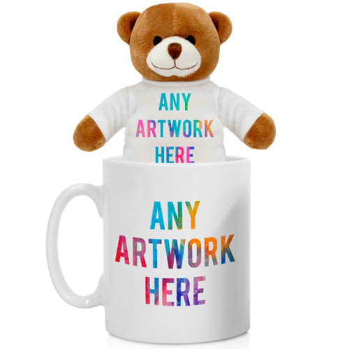 Custom branded 14cm Henry Bear in a Mug with a full-colour design from Total Merchandise