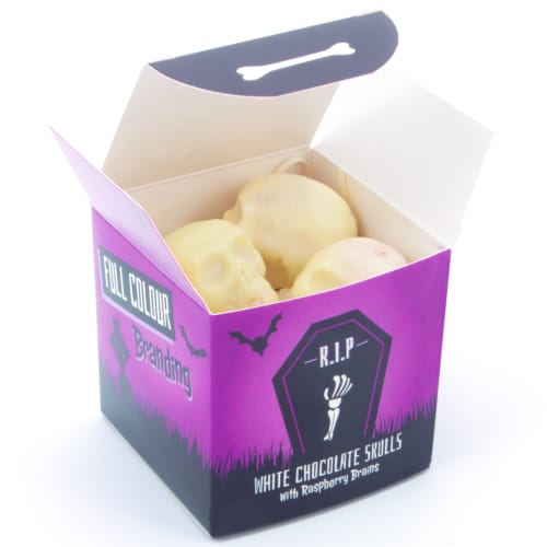 Promotional Eco Cube Of White Chocolate Skulls printed with your logo on the outside of the box