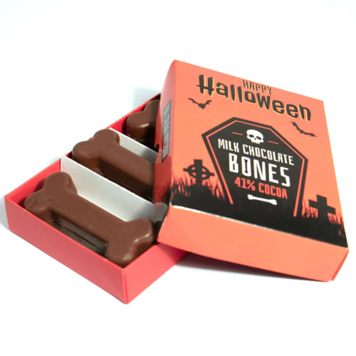 Promotional Eco Matchbox of Milk Chocolate Bones with a full-colour design from Total Merchandise