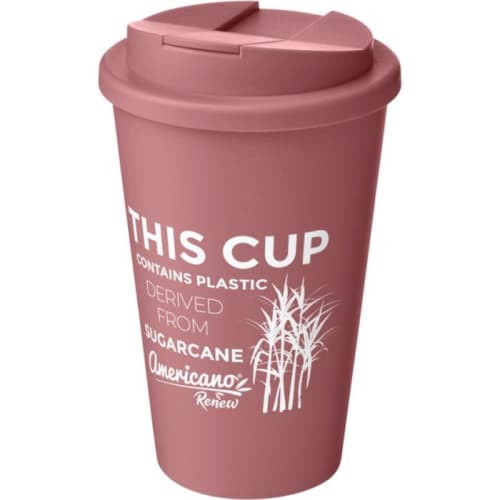 Custom branded Americano Renew Recyclable Coffee Cups With Spill-Proof Lid in Pink