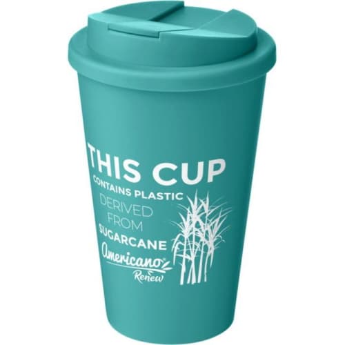 Logo-printed Americano Renew Recyclable Coffee Cups With Spill-Proof Lid in Reef Blue