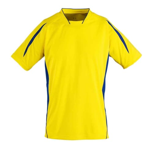 Custom printed SOL'S Kids Maracana 2 Contrast T-Shirt in Lemon/Royal Blue from Total Merchandise