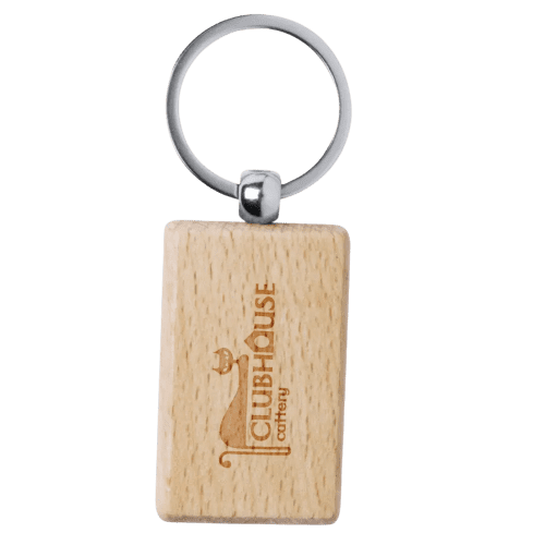 Custom branded Rectangle Beechwood Pelton Keyrings with a design from Total Merchandise