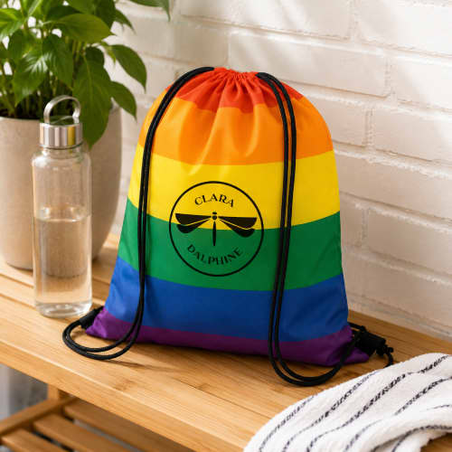 Lifestyle image of the Recycled Rainbow Drawstring Bag by Total Merchandise