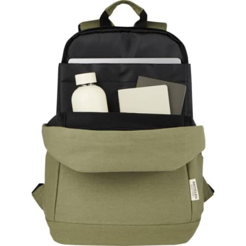 An image of the inside of the Recycled Anti-Theft Laptop Backpack and its pockets