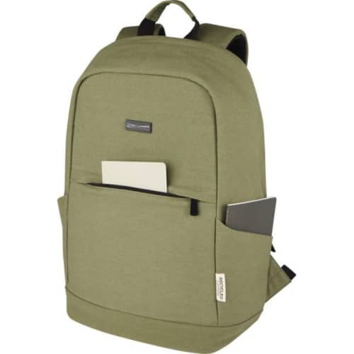 An image of the front of the Recycled Anti-Theft Laptop Backpack and its pockets