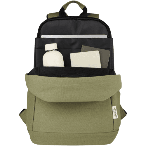 An image of the inside of the Recycled Anti-Theft Laptop Backpack and its pockets