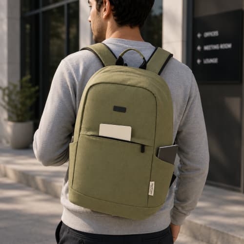 Lifestyle image of Recycled Canvas Anti-Theft Laptop Backpack by Total Merchandise