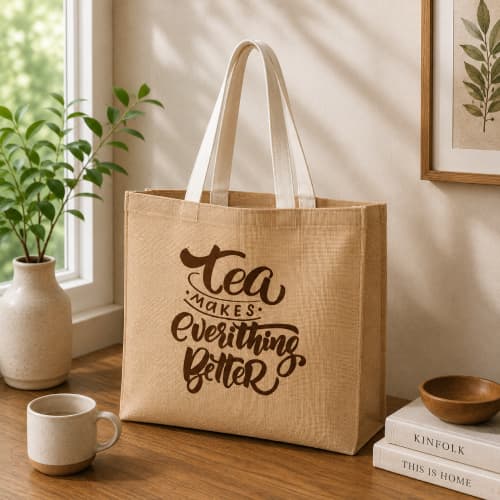 Lifestyle image of the Large Natural Jute Tote Bag by Total Merchandise